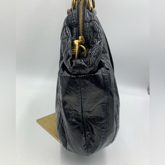 Auth Prada Black Patent Leather Whipstitch Tonal Stripe Satchel Lightweight - Picture 7 of 16